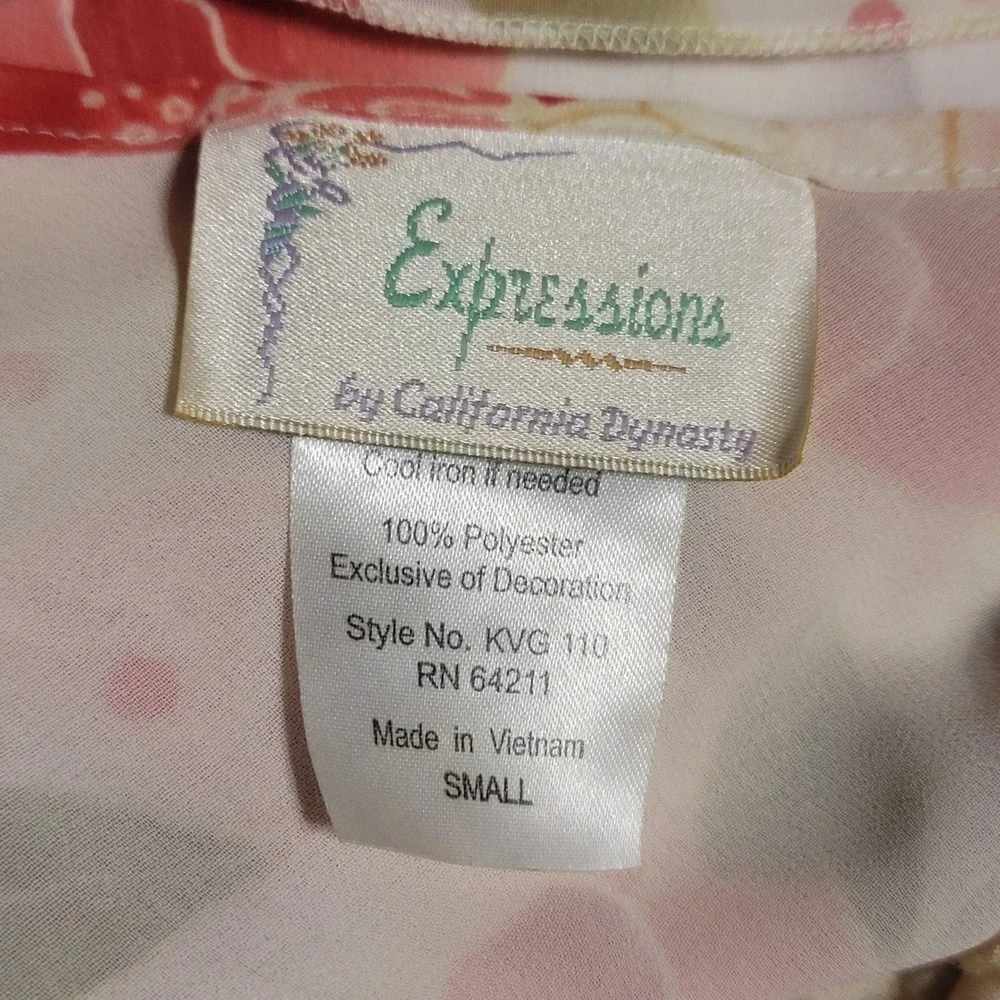 VTG Expressions By California Dynasty Sm Night Slip‎ Cream Pink Roses Lace Trim